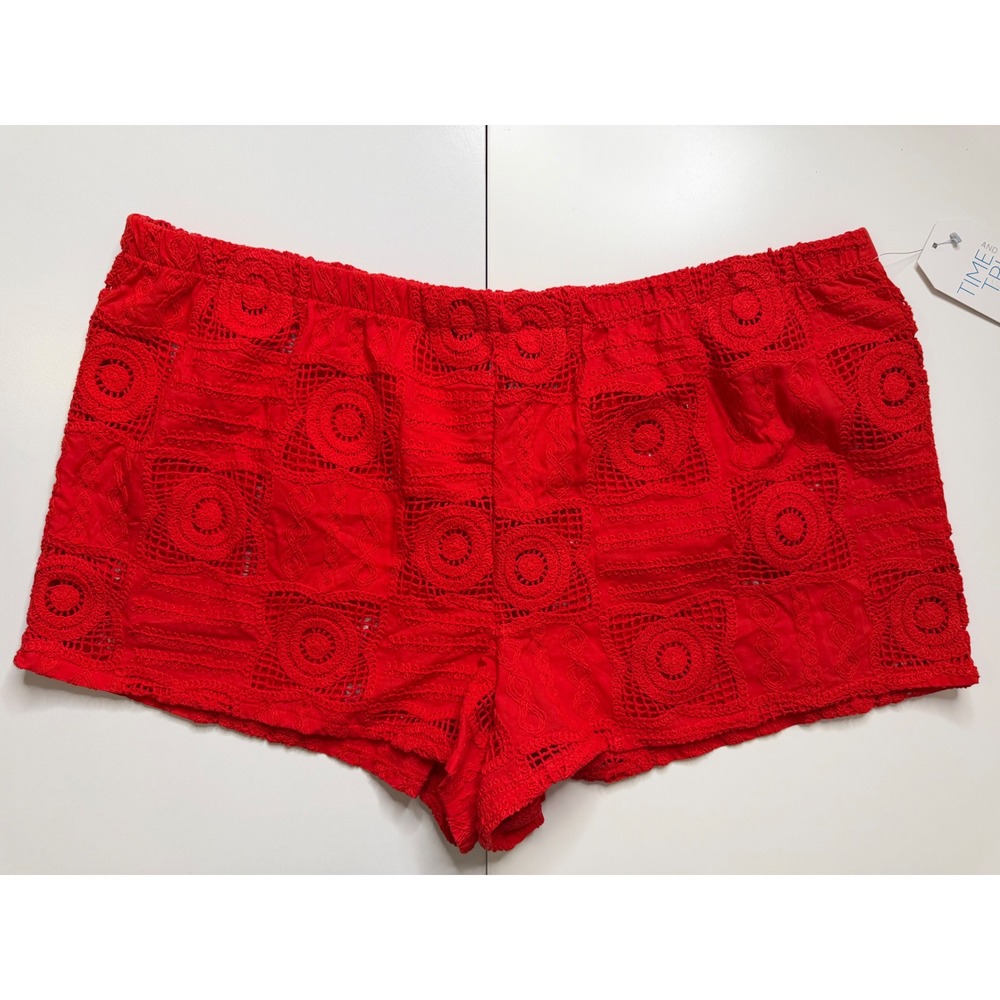 Time and Tru Crochet Eyelet Swim Cover Up Shorts Womens XL Red Beach Pool NWT